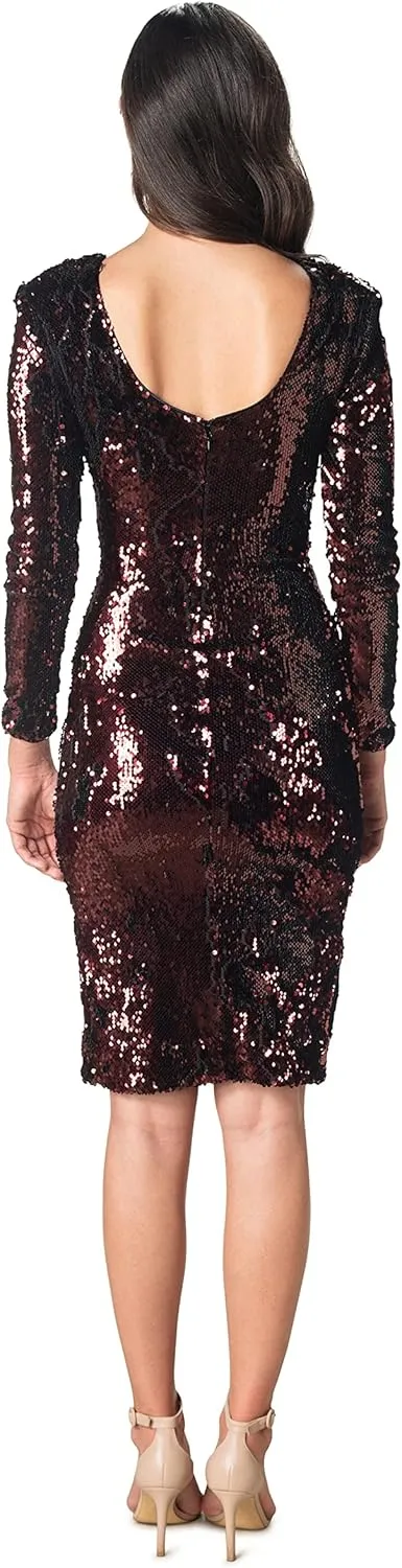 Dress the Population Women's Natalie Long Sleeve Round Neck Front Side Slit Bodycon Midi Dress