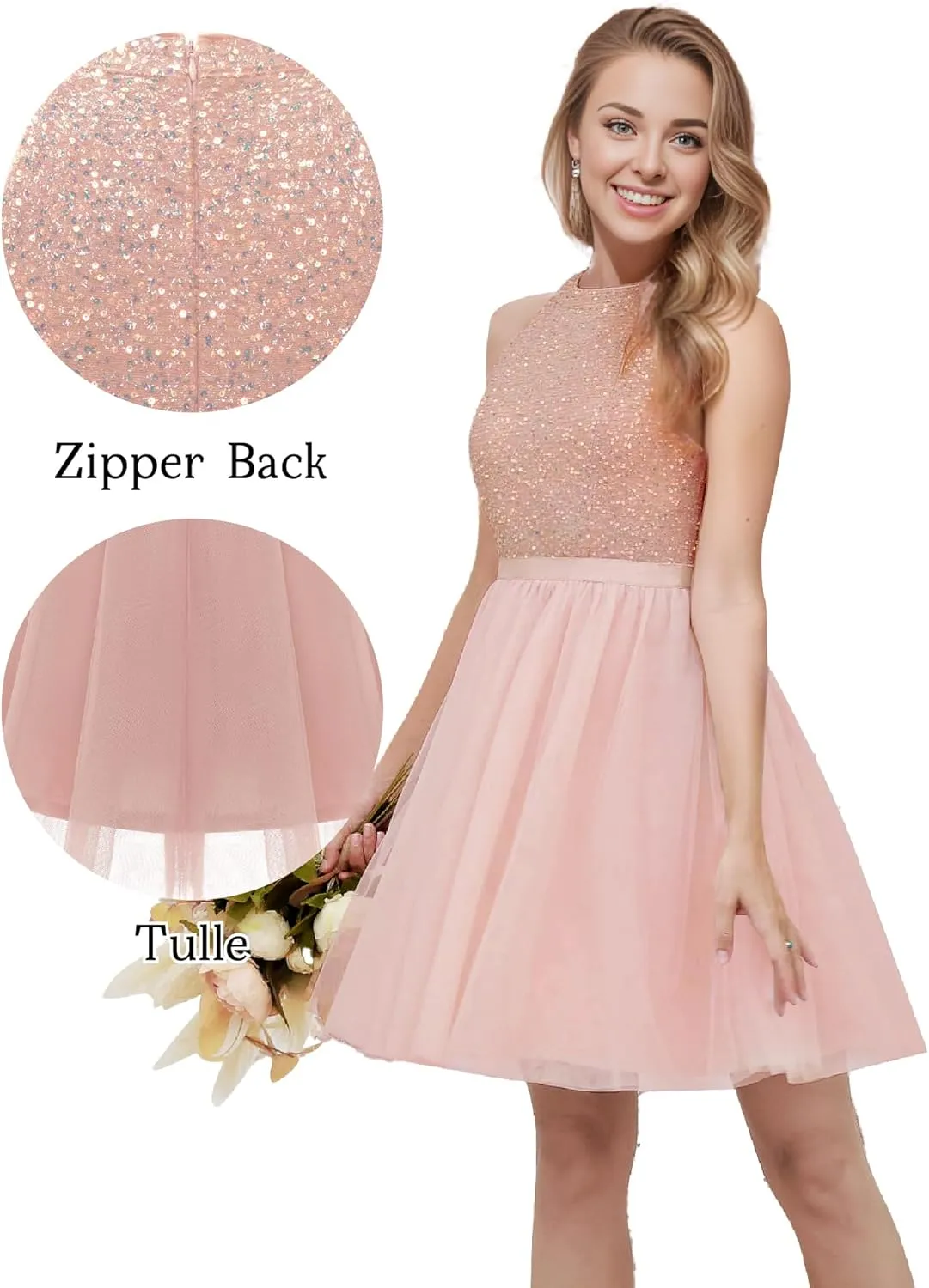 Dressystar Women's Short Halter Cocktail Party Dress Lace Tulle Prom Gown