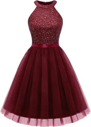 Dressystar Women's Short Halter Cocktail Party Dress Lace Tulle Prom Gown