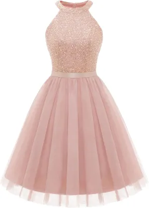 Dressystar Women's Short Halter Cocktail Party Dress Lace Tulle Prom Gown