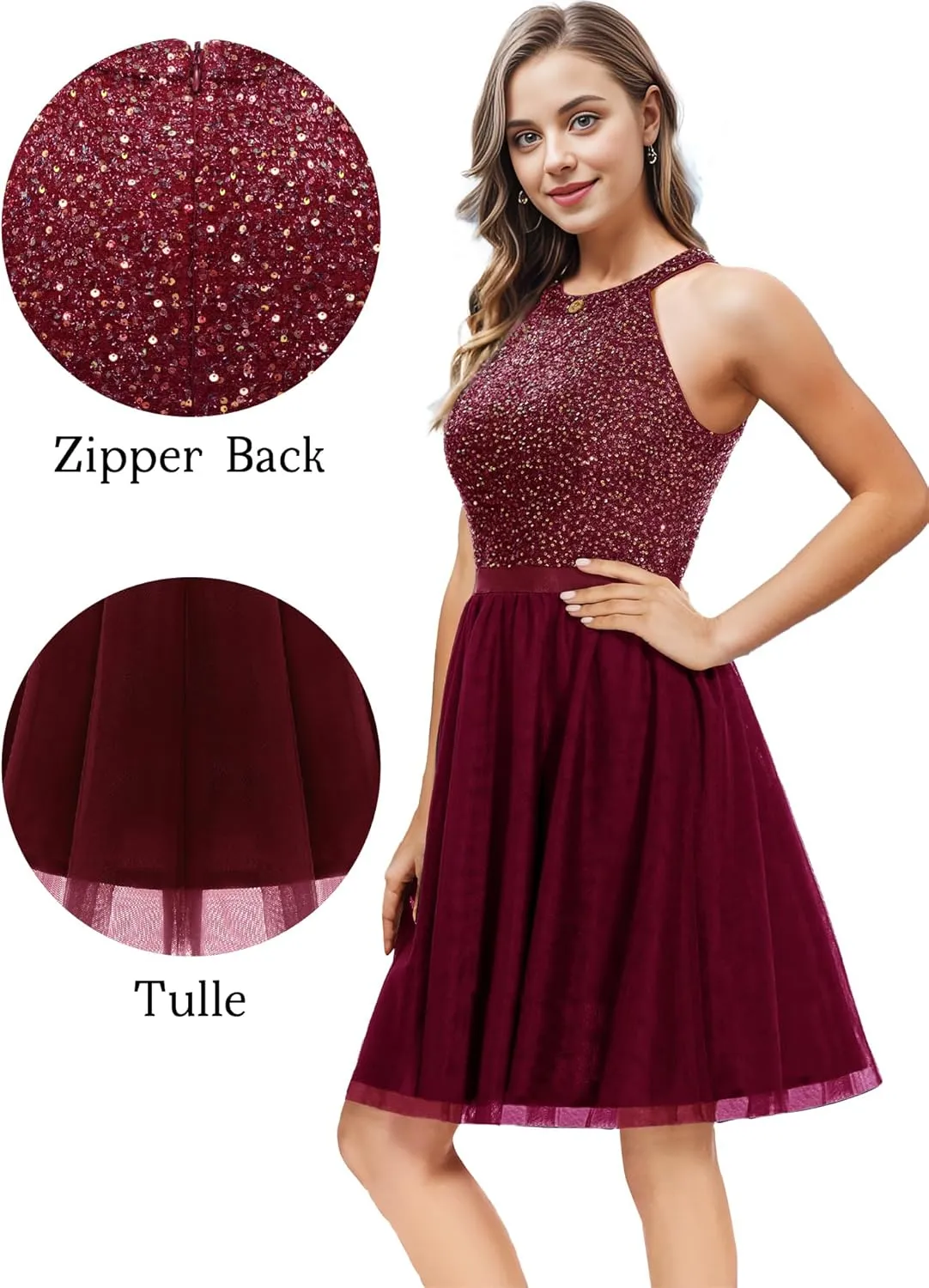 Dressystar Women's Short Halter Cocktail Party Dress Lace Tulle Prom Gown