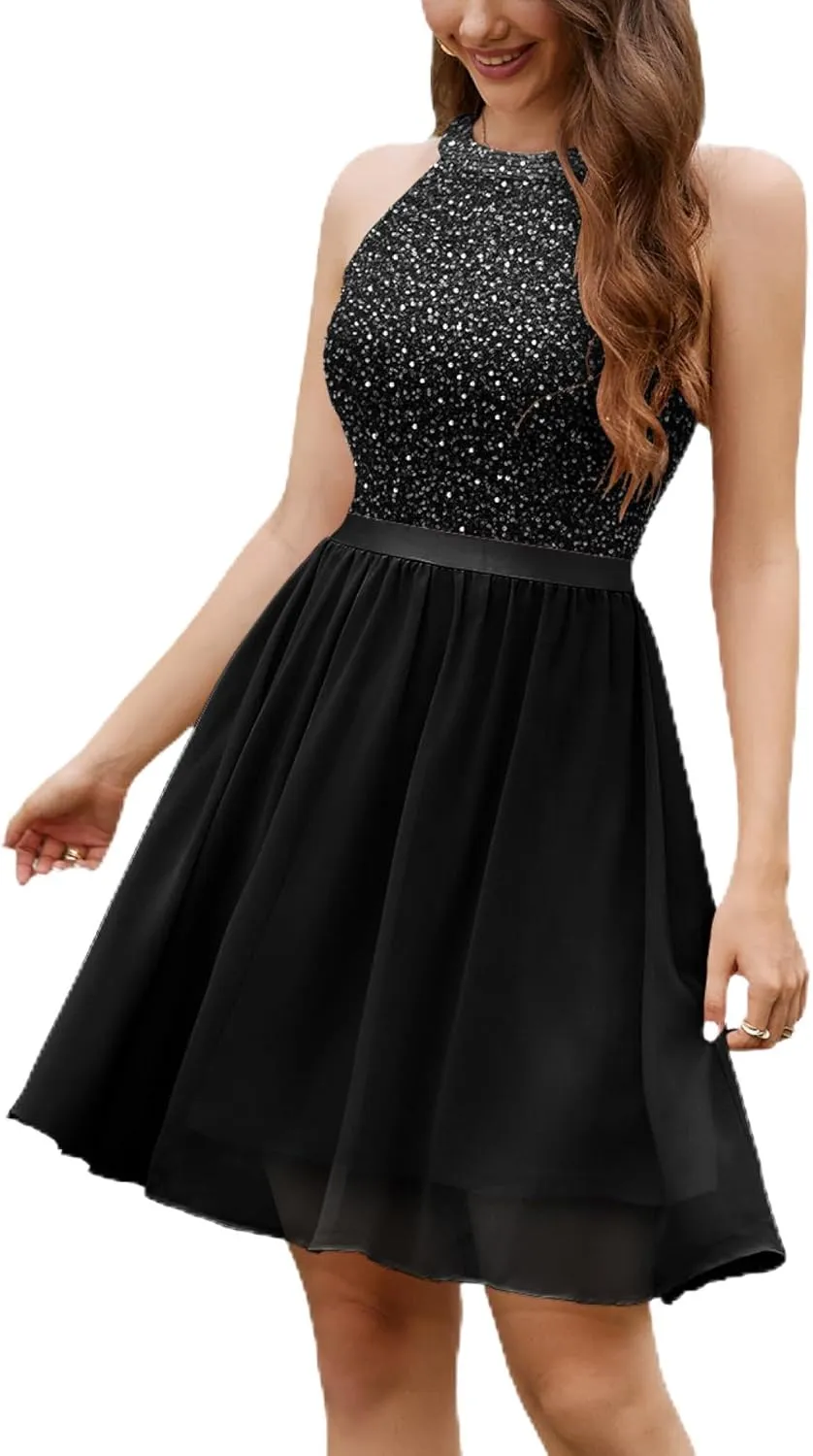 Dressystar Women's Short Halter Cocktail Party Dress Lace Tulle Prom Gown