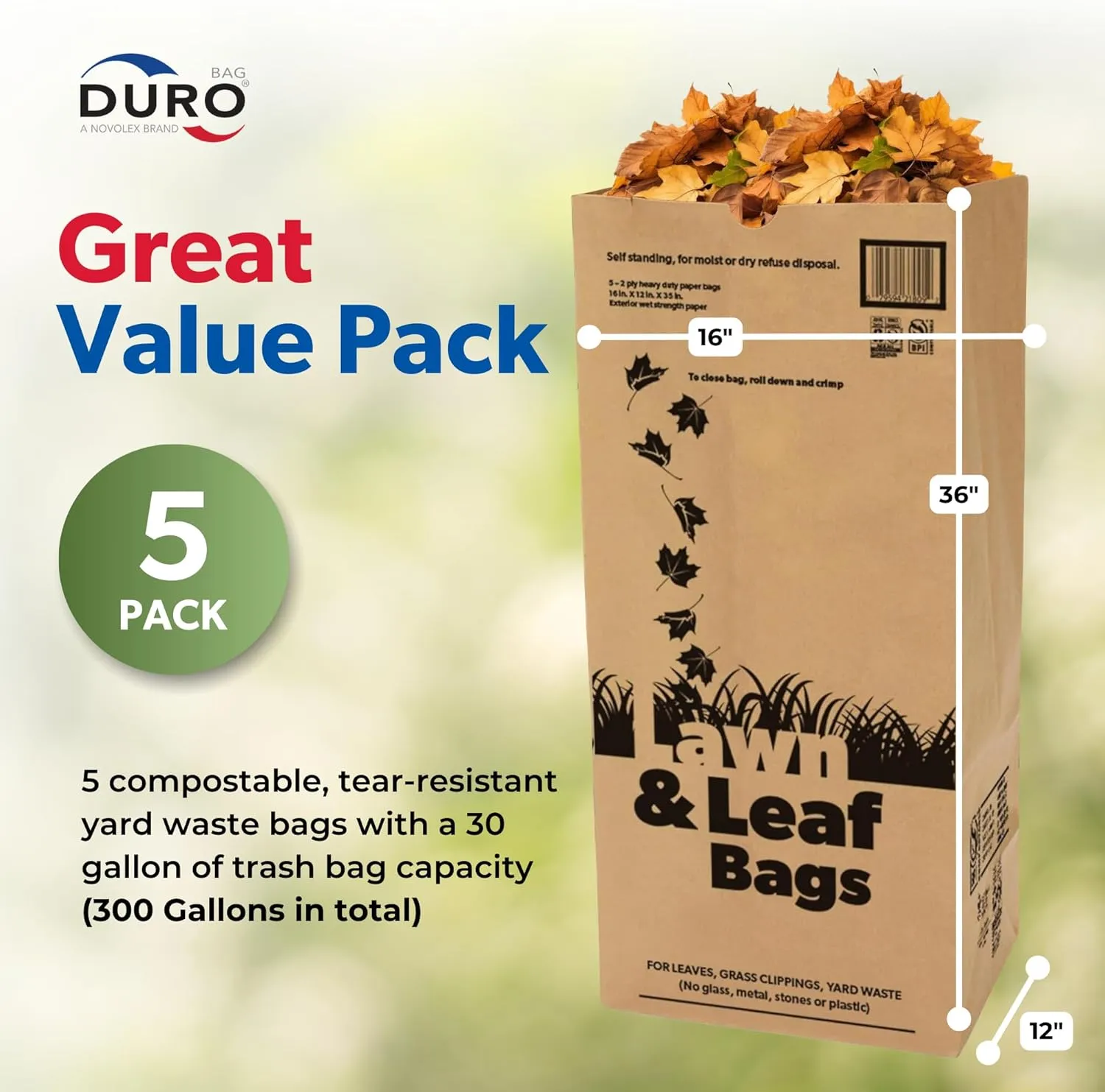 Duro 50# Large 30 Gallon Lawn and Leaf Bags, 2-Ply Brown Paper Yard Waste Bags for Home and Garden Refuse - Pack of 5
