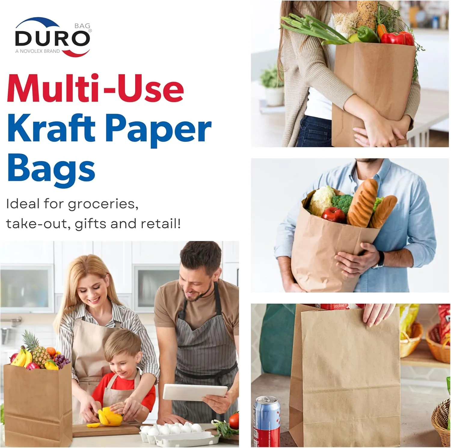 DURO 57# Heavy Duty Large Kraft Brown Grocery Paper Bags, 12 x 7 x 17-50 Count