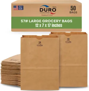 DURO 57# Heavy Duty Large Kraft Brown Grocery Paper Bags, 12 x 7 x 17-50 Count