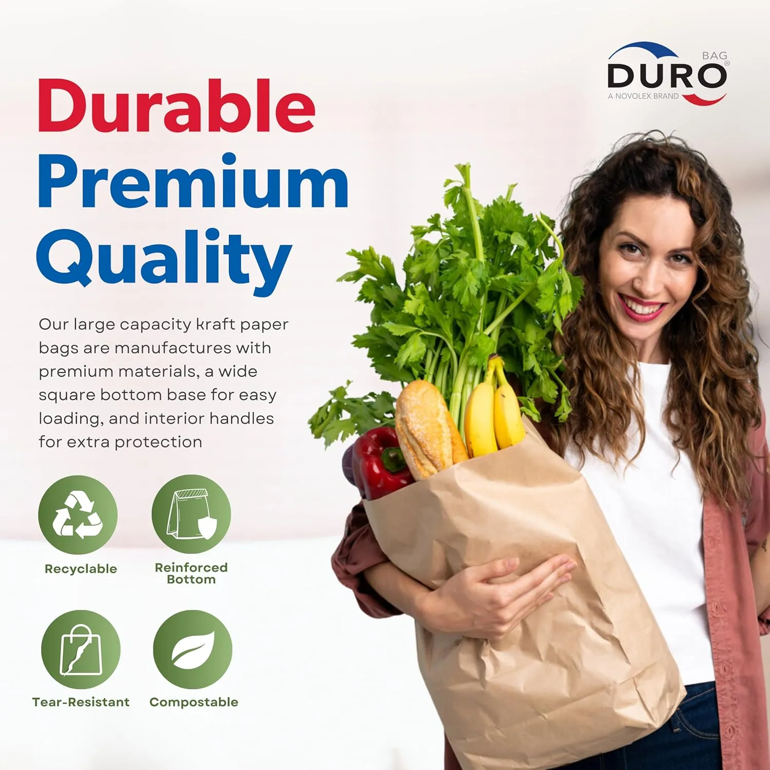 DURO 57# Heavy Duty Large Kraft Brown Grocery Paper Bags, 12 x 7 x 17-50 Count
