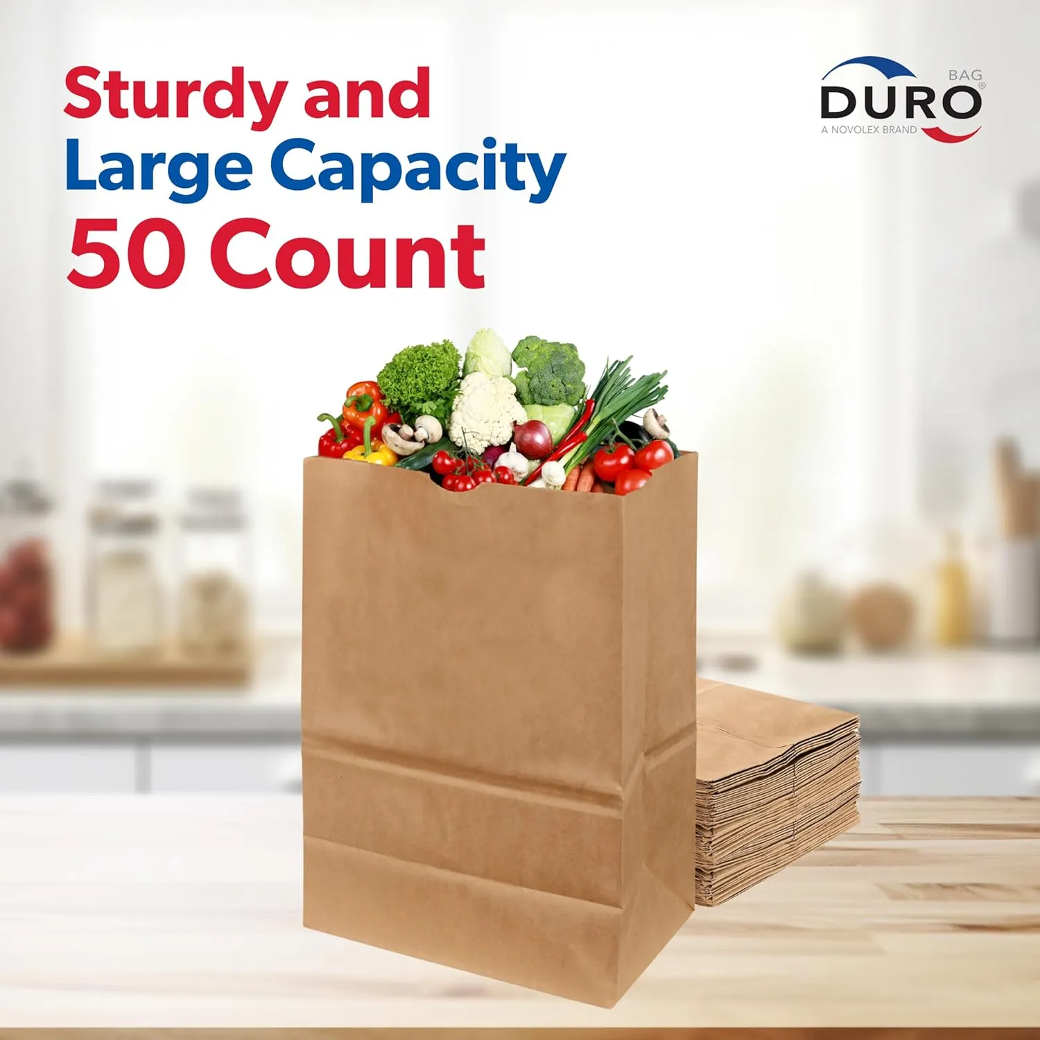 DURO 57# Heavy Duty Large Kraft Brown Grocery Paper Bags, 12 x 7 x 17-50 Count