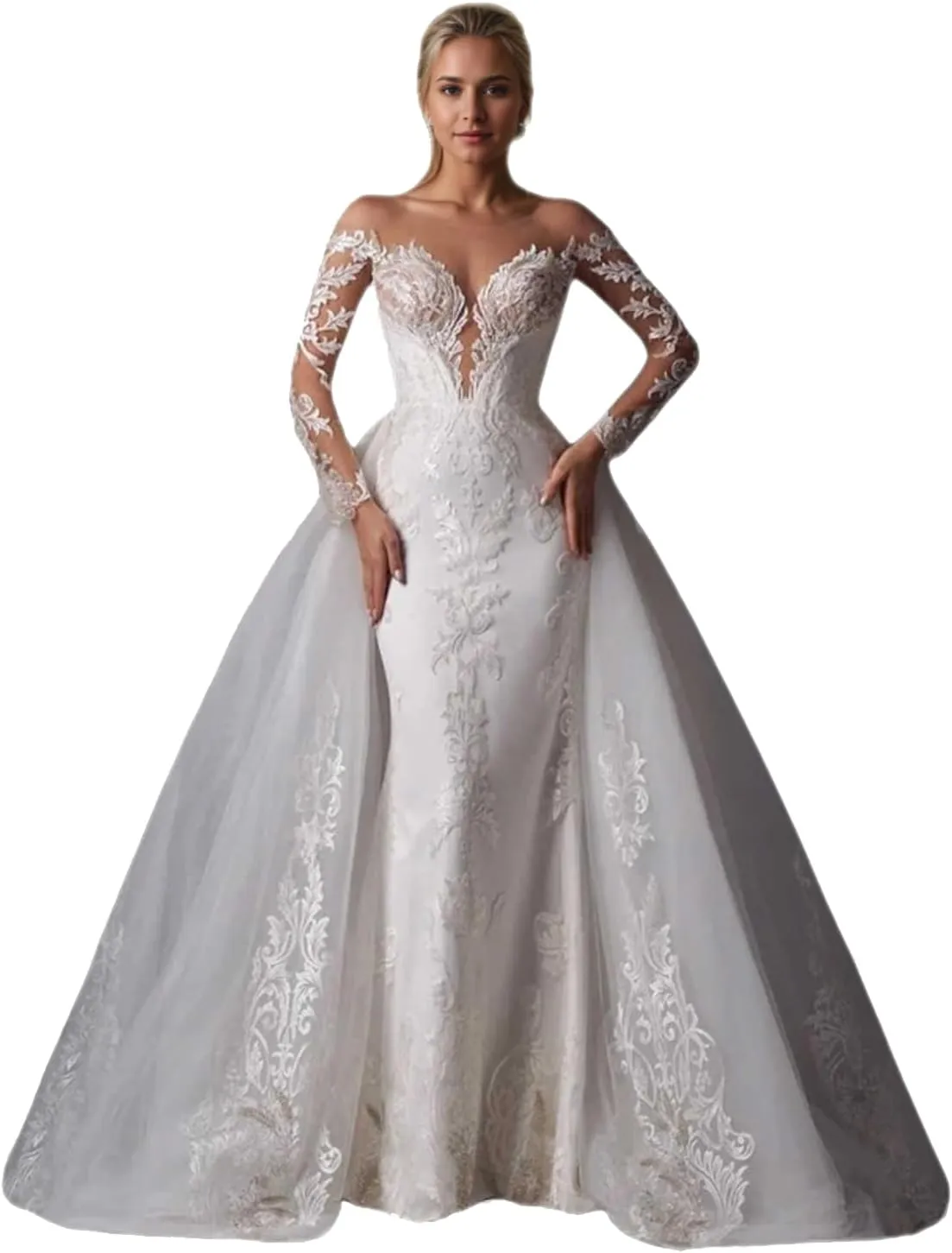Elegant Mermaid Tulle Wedding Dress Illusion Long Sleeves Court Train Appliques Bridal Gowns Dress 2025