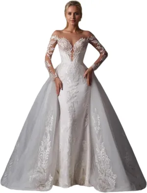 Elegant Mermaid Tulle Wedding Dress Illusion Long Sleeves Court Train Appliques Bridal Gowns Dress 2025