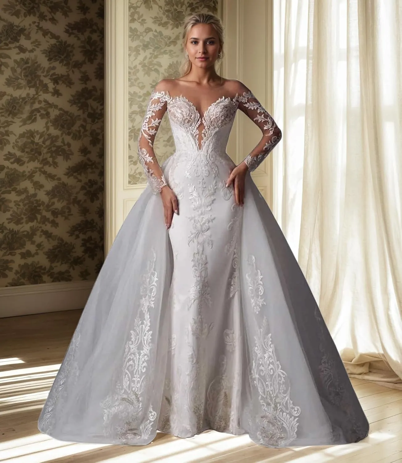 Elegant Mermaid Tulle Wedding Dress Illusion Long Sleeves Court Train Appliques Bridal Gowns Dress 2025