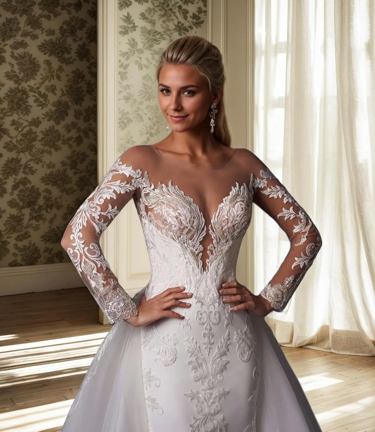 Elegant Mermaid Tulle Wedding Dress Illusion Long Sleeves Court Train Appliques Bridal Gowns Dress 2025