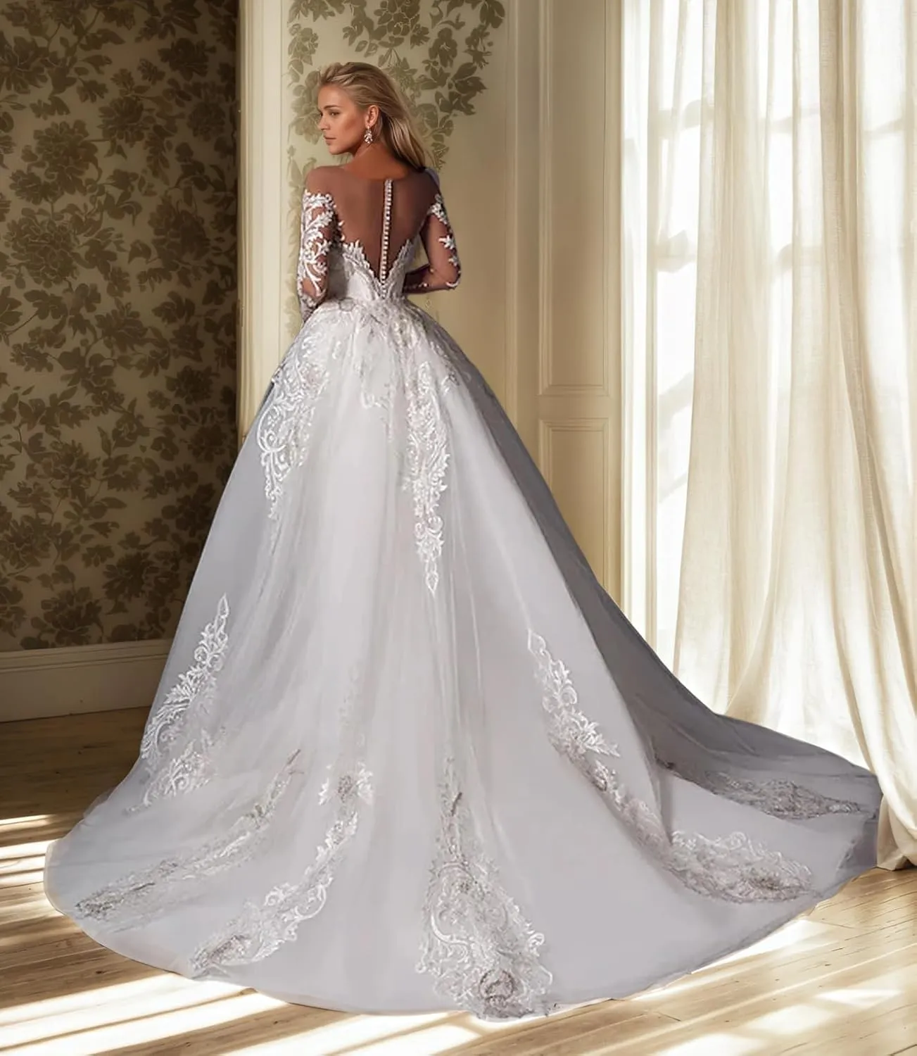 Elegant Mermaid Tulle Wedding Dress Illusion Long Sleeves Court Train Appliques Bridal Gowns Dress 2025