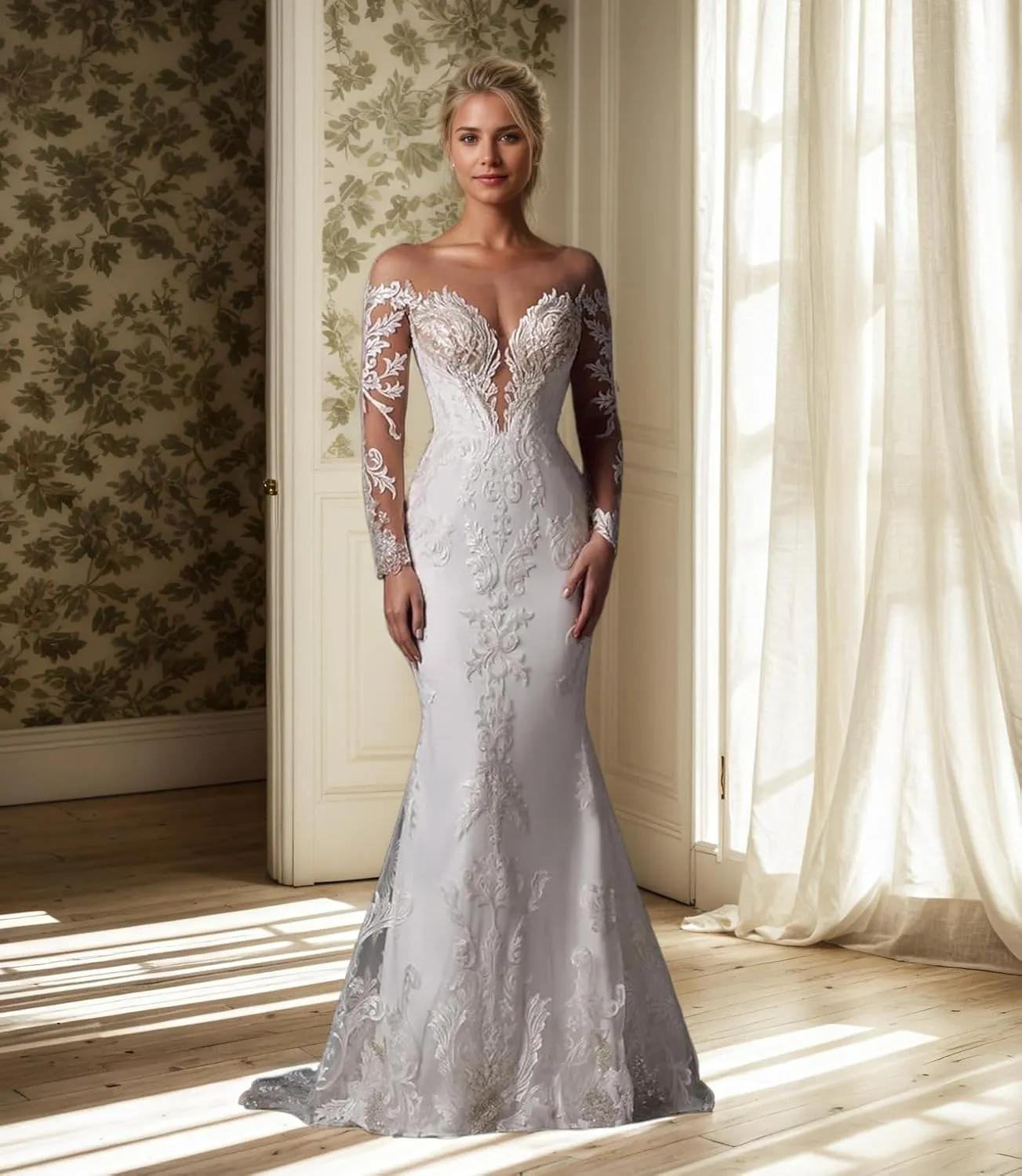 Elegant Mermaid Tulle Wedding Dress Illusion Long Sleeves Court Train Appliques Bridal Gowns Dress 2025