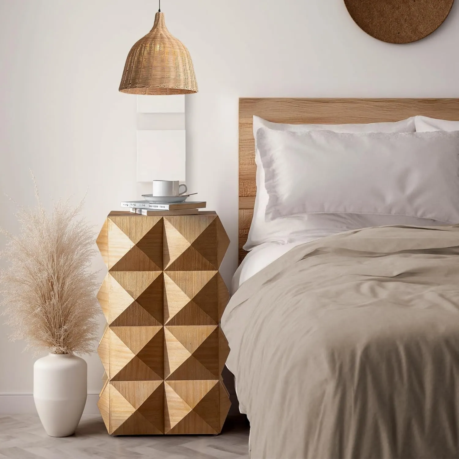 Elegant Retro Side Table with Three-Dimensional Embossed Pattern, Natural Wood Finish, 23.62" Height