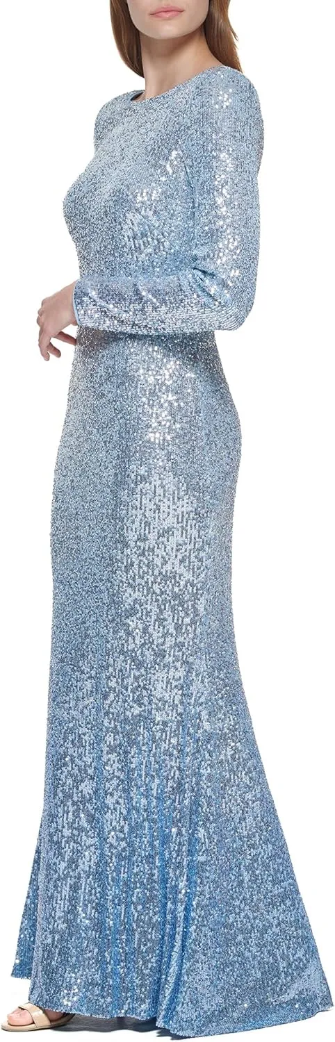 Eliza J Women's Long Sleeve Boat Neck Ombre Sequin Gown