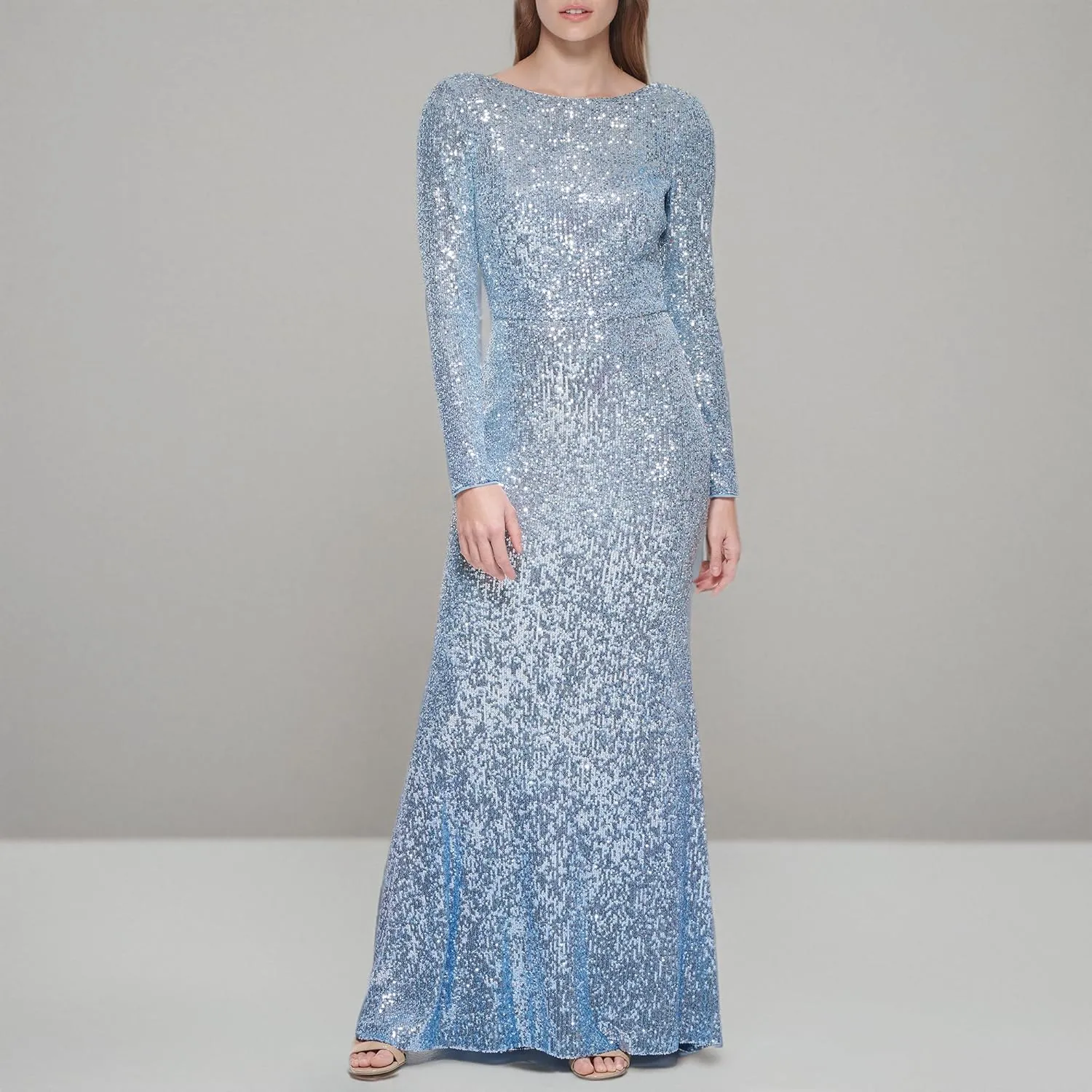 Eliza J Women's Long Sleeve Boat Neck Ombre Sequin Gown