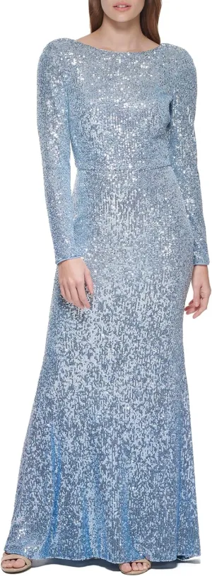 Eliza J Women's Long Sleeve Boat Neck Ombre Sequin Gown