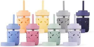 Elk and Friends Kids & Toddler Cups | The Original Glass Mason jars 8 oz with Silicone Sleeves & Silicone Straws with Stoppers | Smoothie Cups | Spill Proof Sippy Cups for Toddlers