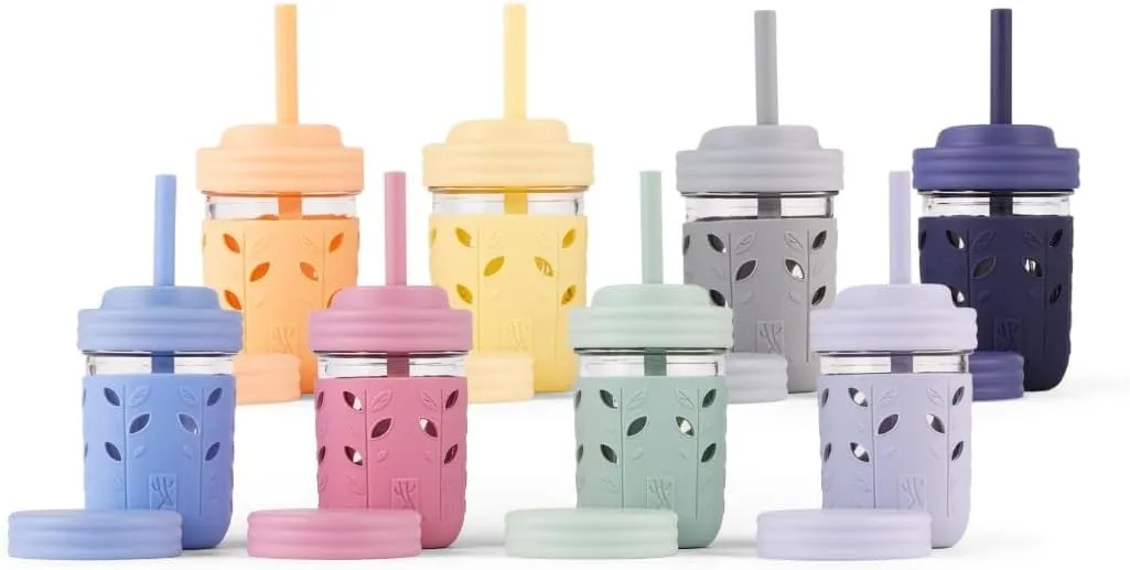 Elk and Friends Kids & Toddler Cups | The Original Glass Mason jars 8 oz with Silicone Sleeves & Silicone Straws with Stoppers | Smoothie Cups | Spill Proof Sippy Cups for Toddlers