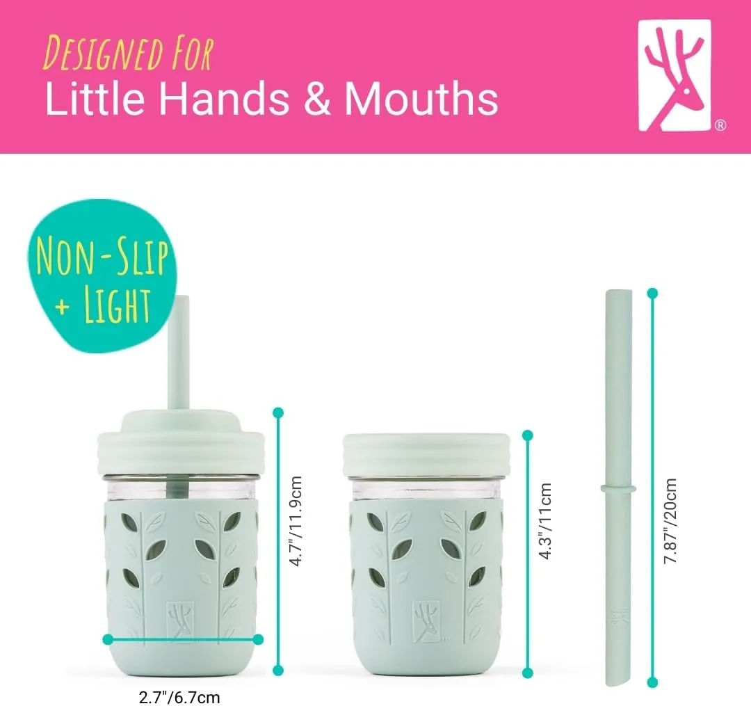 Elk and Friends Kids & Toddler Cups | The Original Glass Mason jars 8 oz with Silicone Straws with Stoppers | Smoothie Cups | Spill Proof Sippy Cups for Toddlers