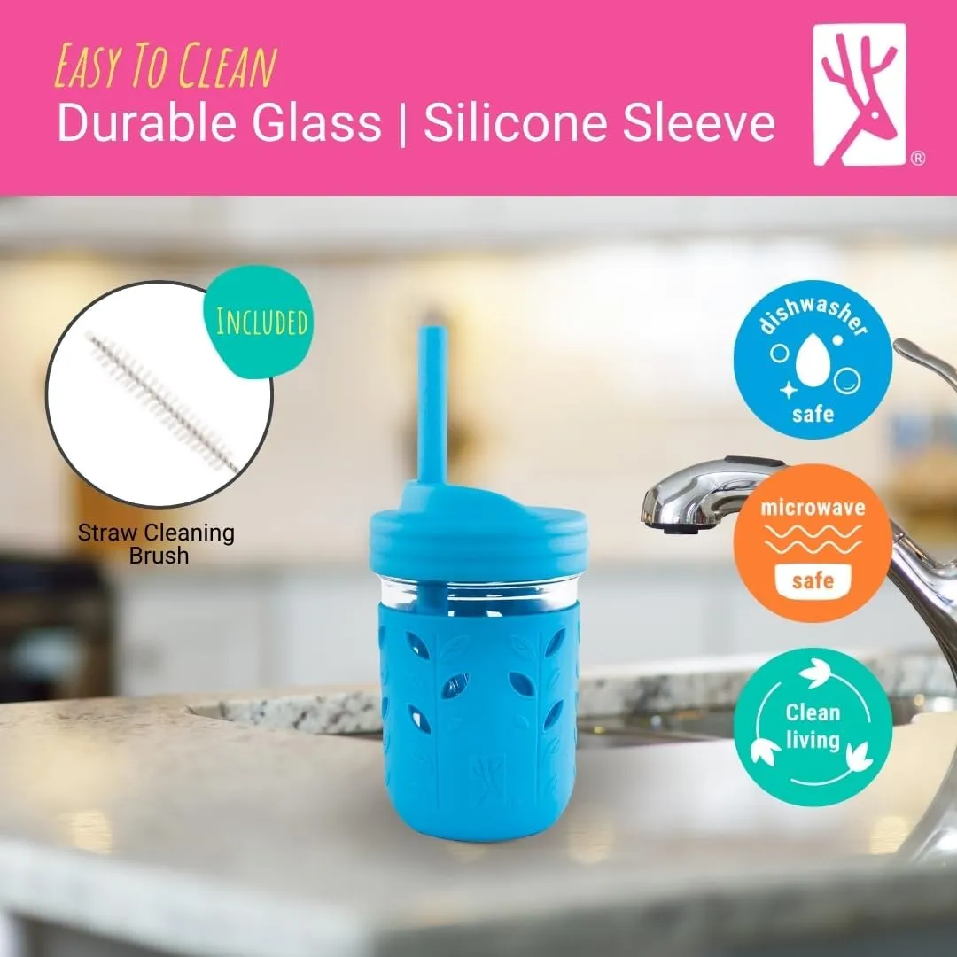 Elk and Friends Kids & Toddler Cups | The Original Glass Mason jars 8 oz with Silicone Straws with Stoppers | Smoothie Cups | Spill Proof Sippy Cups for Toddlers