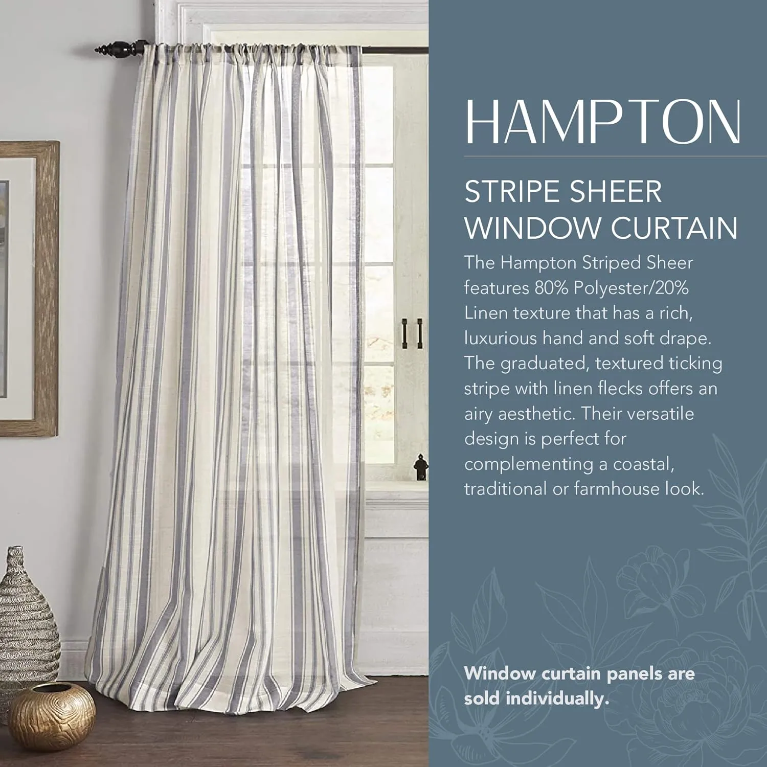 Elrene Home Fashions Hampton Stripe Sheer Window Curtain, 52" x 84" (1 Panel), Grey