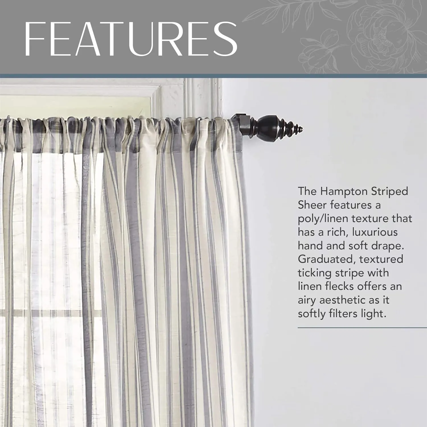 Elrene Home Fashions Hampton Stripe Sheer Window Curtain, 52" x 84" (1 Panel), Grey
