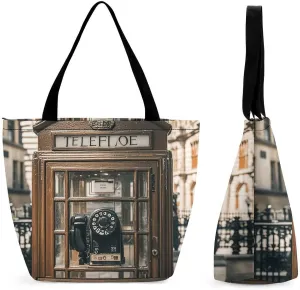 England UK Retro London Telephone Tote Bag Shoulder Shopping Bag Reusable Grocery Bag for Travel Work Friendship Gift