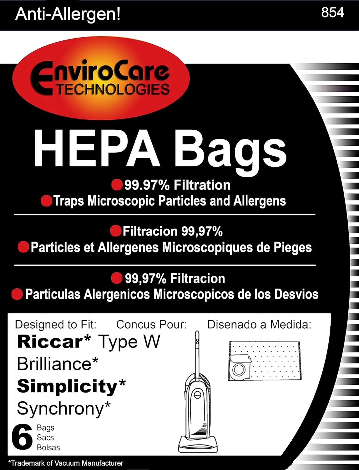 EnviroCare Replacement HEPA Filtration Vacuum Cleaner Dust Bags made to fit Riccar Type W Brilliance and Simplicity Synchrony Uprights 6 Pack