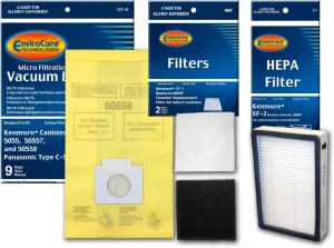 EnviroCare Replacement Vacuum Bags designed to fit Kenmore Canister Type C or Q 50555, 50558, 50557 and Panasonic Type C-59 Bags and 1 EF-2 HEPA Filter, and 2 CF-1 Filters