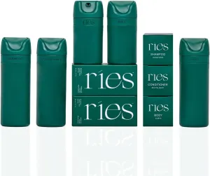 Essential Refillable Toiletry Travel Bottles – Set of 5 (3.4oz & 1.7oz) Airless Pump Containers for Shampoo, Conditioner, Body, Face – Leak-Proof, TSA-Approved, Dishwasher Safe- Escapade Green