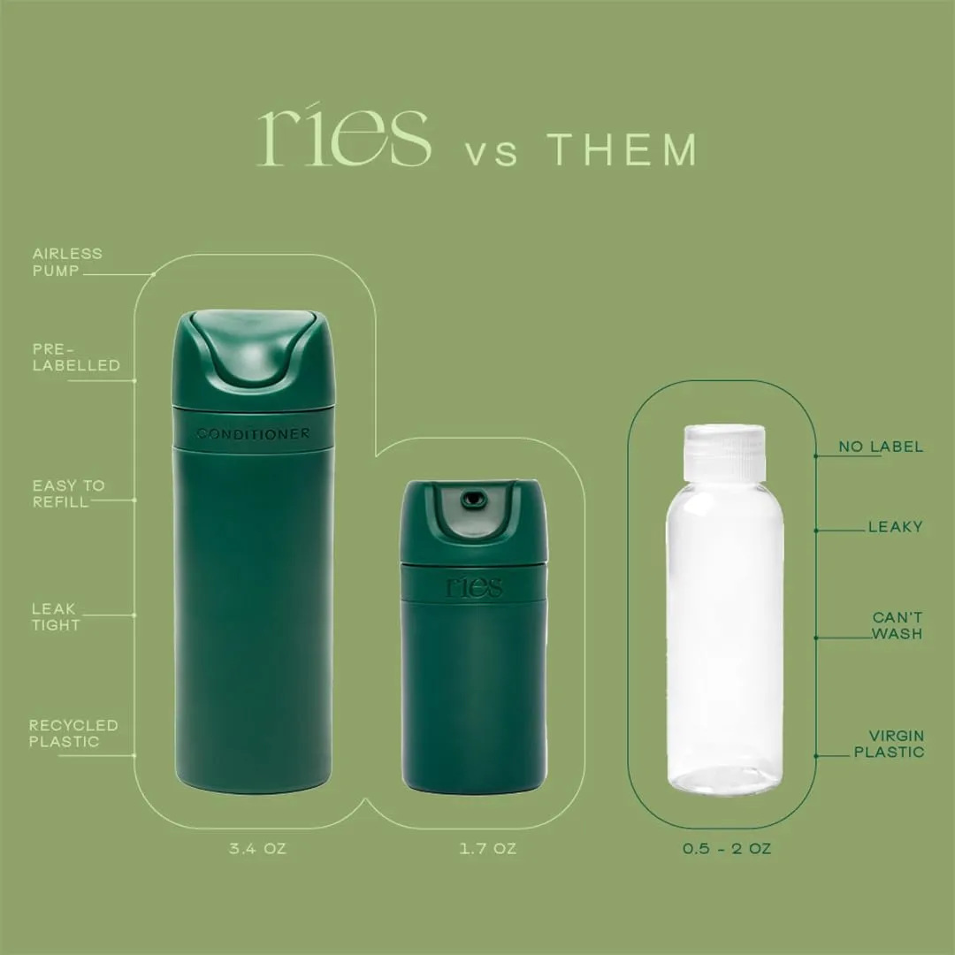 Essential Refillable Toiletry Travel Bottles – Set of 5 (3.4oz & 1.7oz) Airless Pump Containers for Shampoo, Conditioner, Body, Face – Leak-Proof, TSA-Approved, Dishwasher Safe- Escapade Green