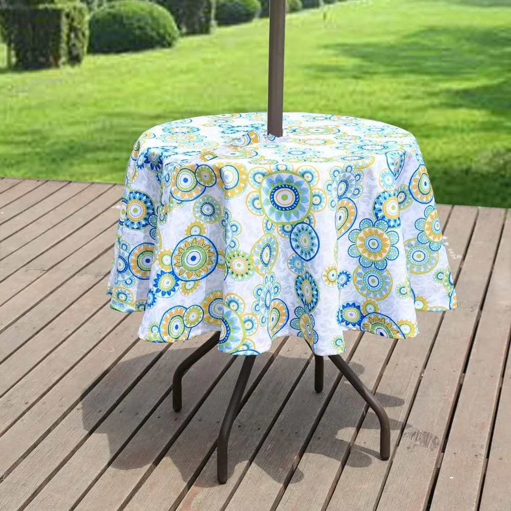 Eternal Beauty 60” Outdoor Round Tablecloth with Umbrella Hole Zipper Spring Summer Round Outdoor Tablecloth for Patio Tables (Boho Floral)