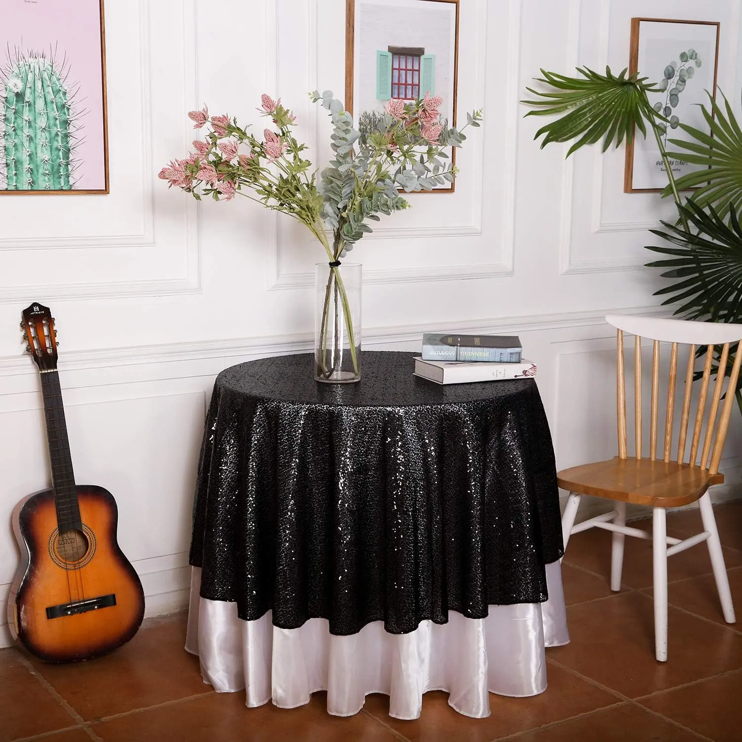 Eternal Beauty Black Sequin Tablecloth 120-Inch Sparkly Overlay Round Glitter Table Cover for Wedding Party Birthday Decoration