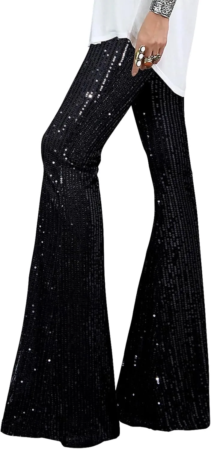 EVALESS Women Sequin Pants Sparkly Glitter High Waisted Wide Leg Flare Trousers Bell Bottom Night Out Clubwear