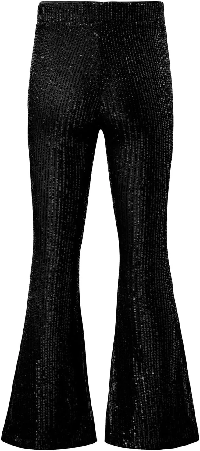 EVALESS Women Sequin Pants Sparkly Glitter High Waisted Wide Leg Flare Trousers Bell Bottom Night Out Clubwear