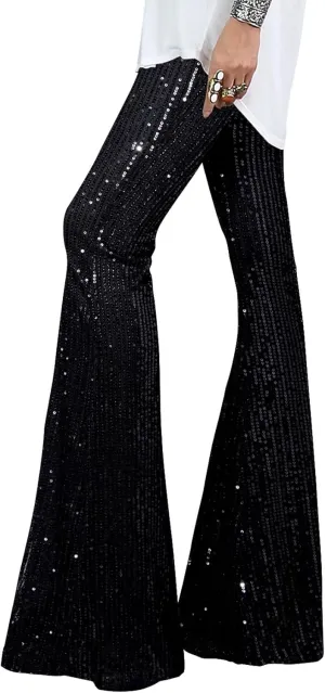 EVALESS Women Sequin Pants Sparkly Glitter High Waisted Wide Leg Flare Trousers Bell Bottom Night Out Clubwear