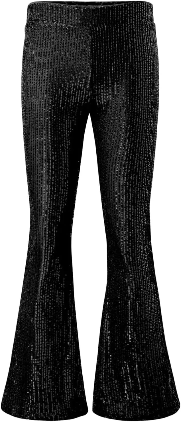 EVALESS Women Sequin Pants Sparkly Glitter High Waisted Wide Leg Flare Trousers Bell Bottom Night Out Clubwear