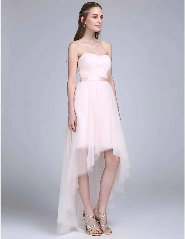 Evening Dresses A-Line Sweetheart Neckline Asymmetrical Tulle Bridesmaid Dress with Sash