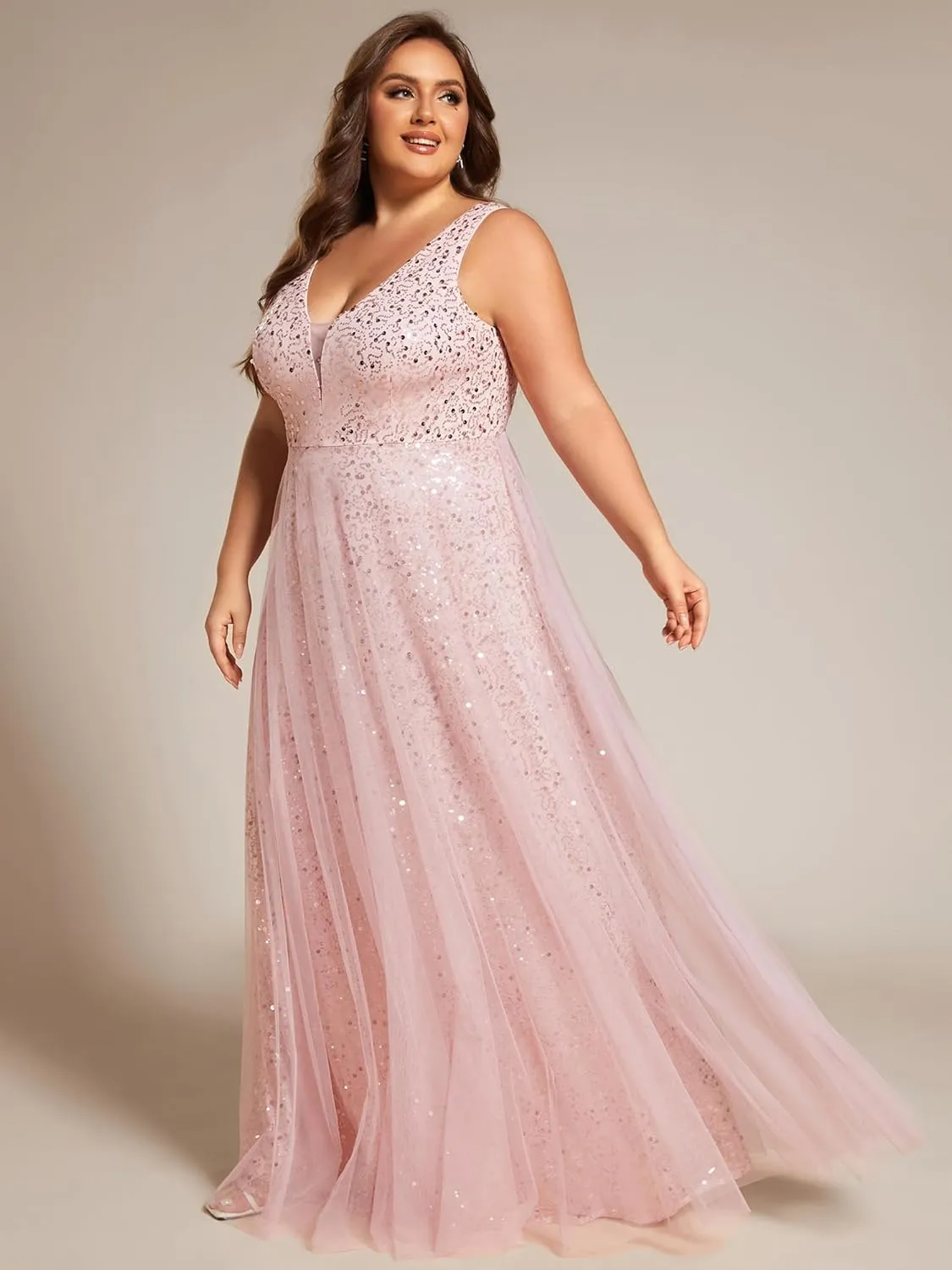 Ever-Pretty Plus Sparkle V Neck A Line Sleeveless Sequin Plus Size Prom Dresses Ball Gowns for Curvy Women 02163-DA