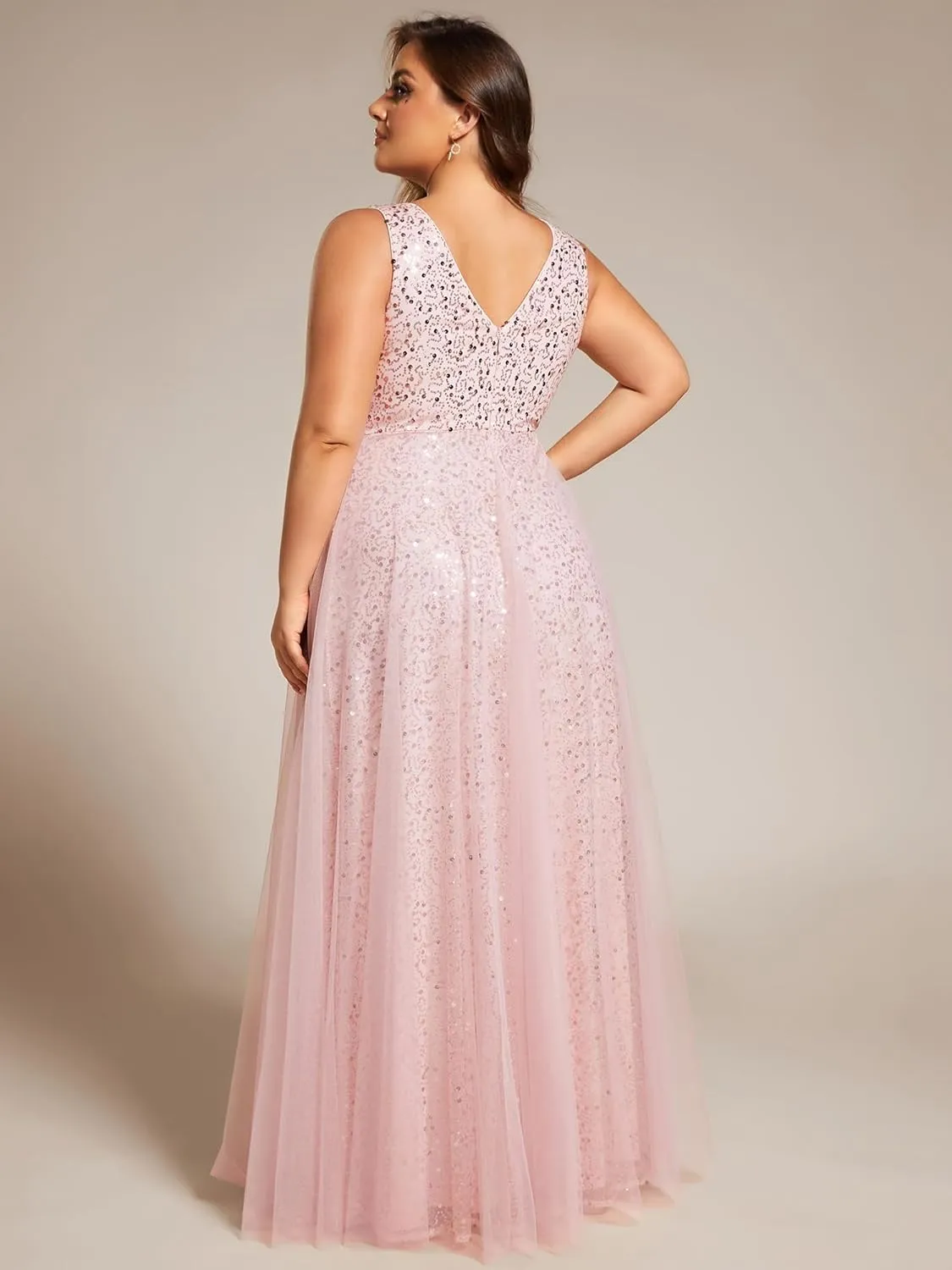 Ever-Pretty Plus Sparkle V Neck A Line Sleeveless Sequin Plus Size Prom Dresses Ball Gowns for Curvy Women 02163-DA