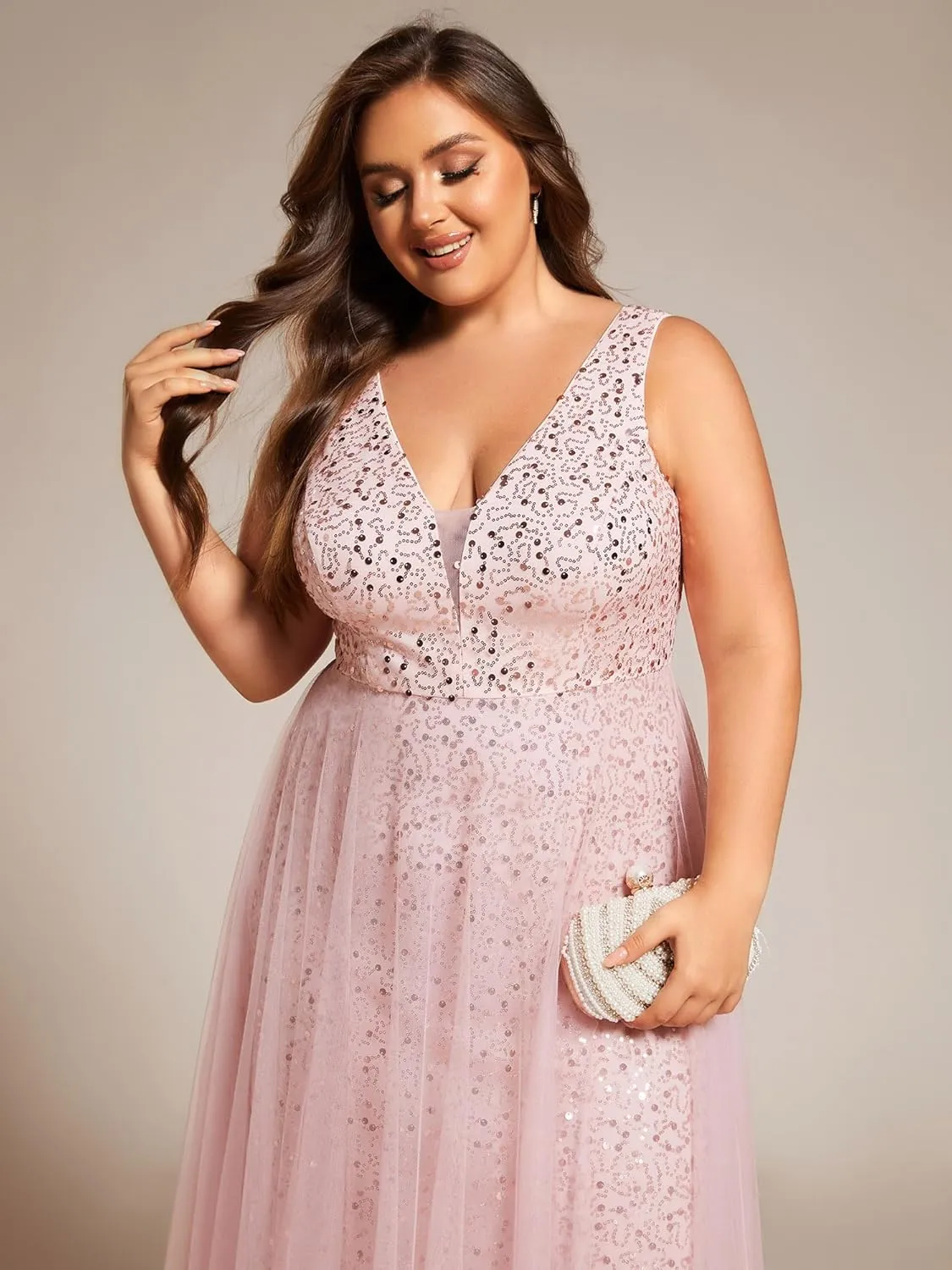 Ever-Pretty Plus Sparkle V Neck A Line Sleeveless Sequin Plus Size Prom Dresses Ball Gowns for Curvy Women 02163-DA