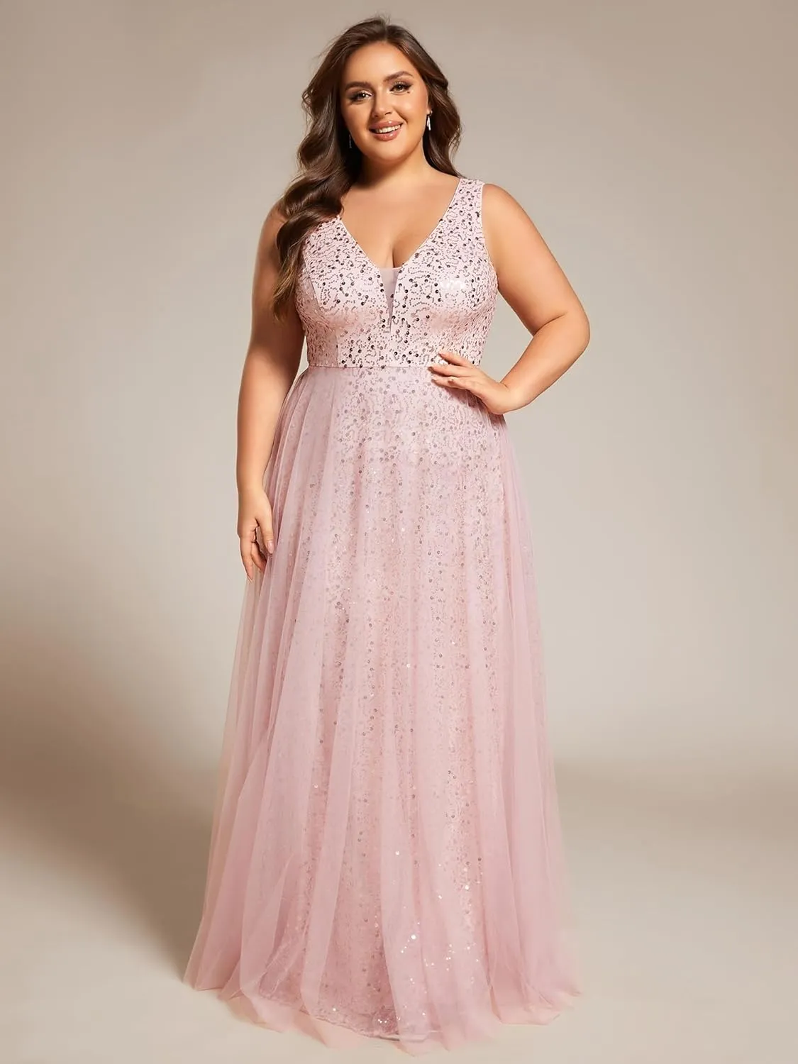 Ever-Pretty Plus Sparkle V Neck A Line Sleeveless Sequin Plus Size Prom Dresses Ball Gowns for Curvy Women 02163-DA