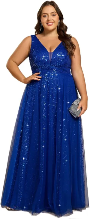 Ever-Pretty Plus Sparkle V Neck A Line Sleeveless Sequin Plus Size Prom Dresses Ball Gowns for Curvy Women 02163-DA