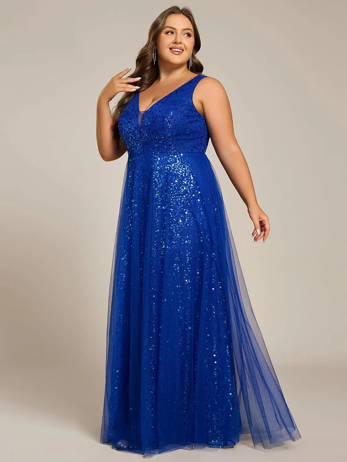Ever-Pretty Plus Sparkle V Neck A Line Sleeveless Sequin Plus Size Prom Dresses Ball Gowns for Curvy Women 02163-DA
