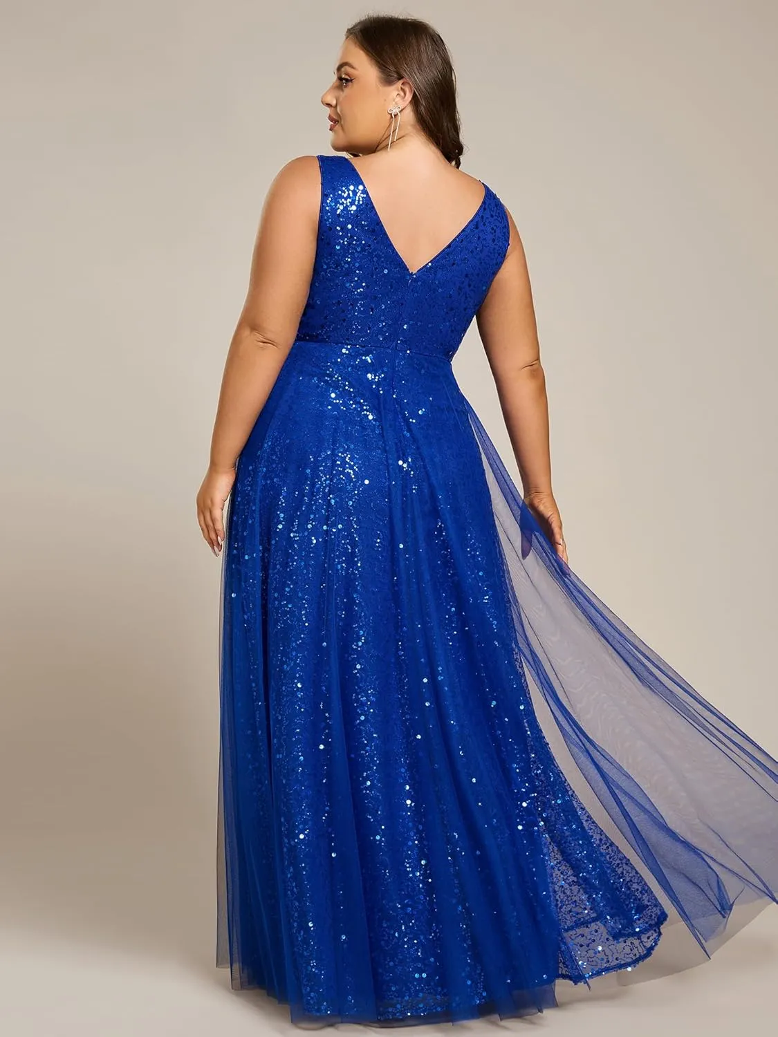 Ever-Pretty Plus Sparkle V Neck A Line Sleeveless Sequin Plus Size Prom Dresses Ball Gowns for Curvy Women 02163-DA