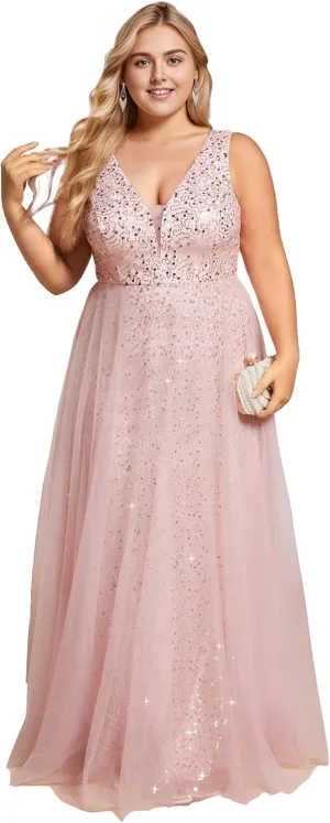 Ever-Pretty Plus Sparkle V Neck A Line Sleeveless Sequin Plus Size Prom Dresses Ball Gowns for Curvy Women 02163-DA