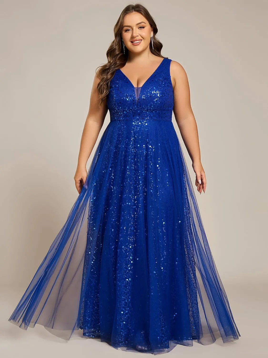Ever-Pretty Plus Sparkle V Neck A Line Sleeveless Sequin Plus Size Prom Dresses Ball Gowns for Curvy Women 02163-DA