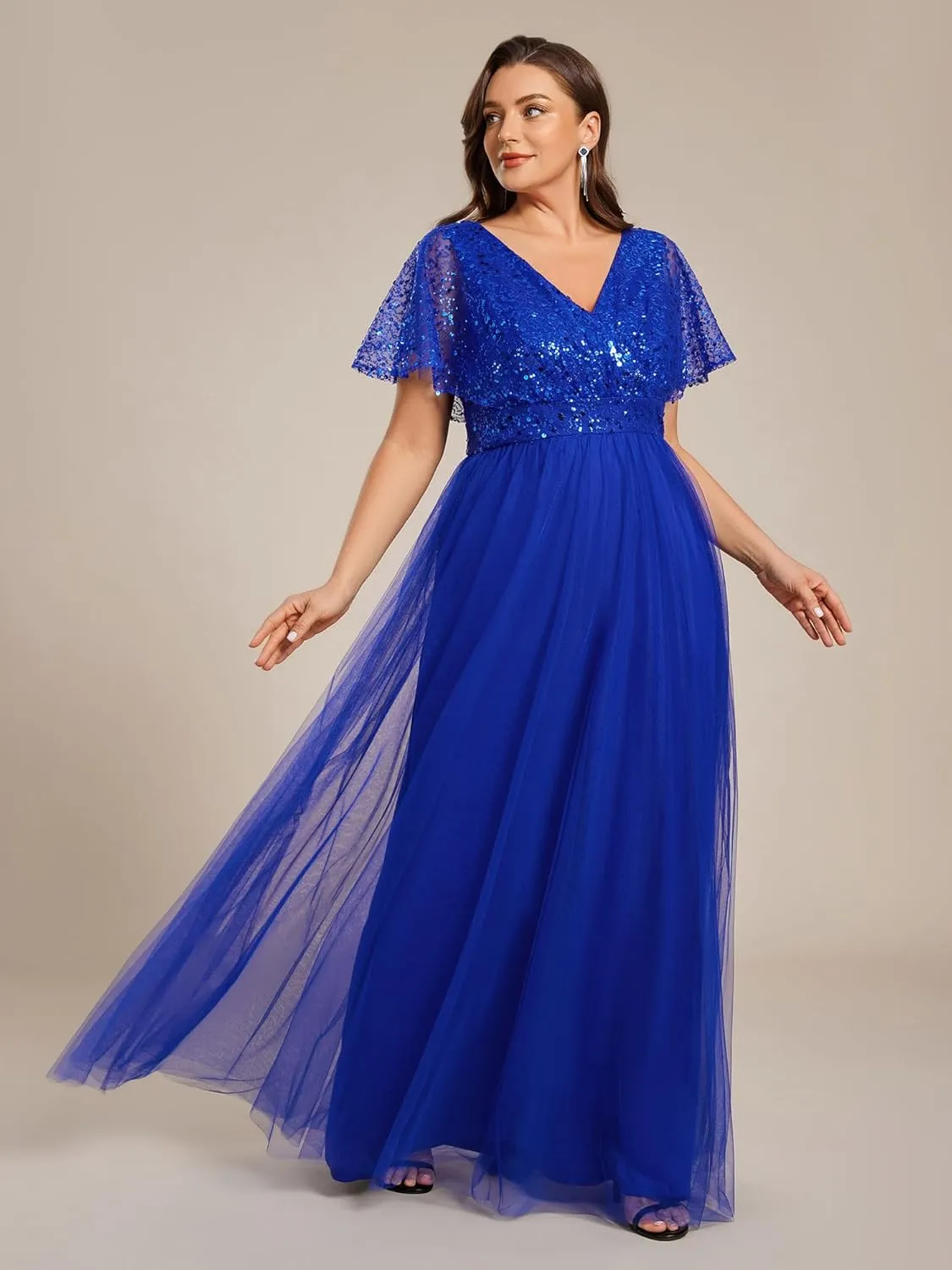 Ever-Pretty Plus Women's V Neck Curvy Short Sleeves A Line Sequin Plus Size Formal Evening Dresses 02223-DA