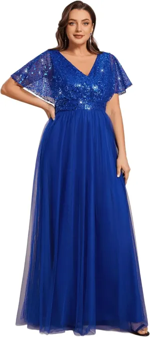 Ever-Pretty Plus Women's V Neck Curvy Short Sleeves A Line Sequin Plus Size Formal Evening Dresses 02223-DA